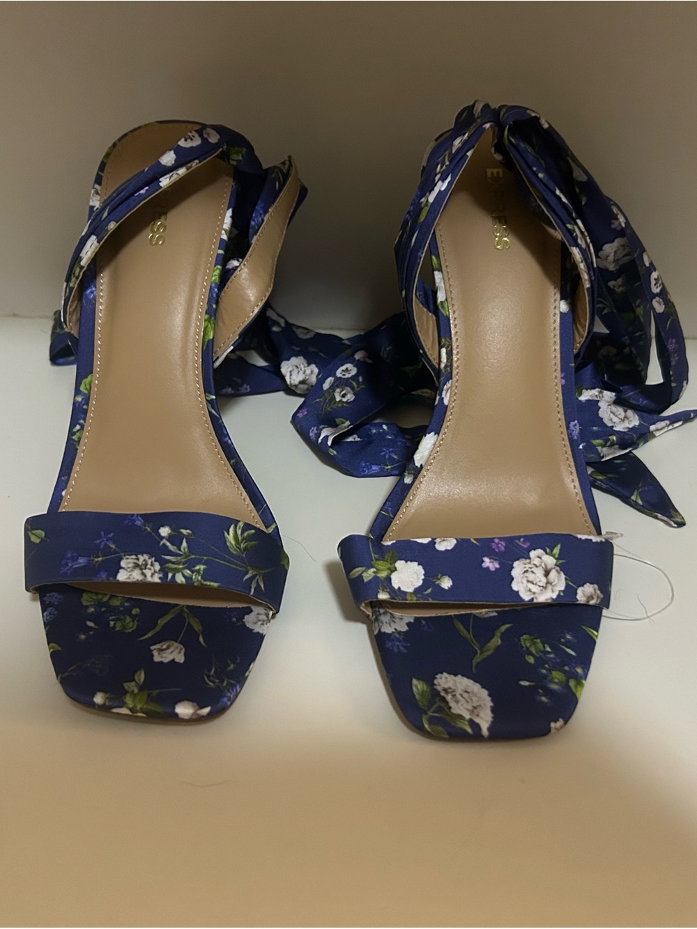 NEVER WORN! Express Navy Floral Ankle-Tie Heeled Sandals